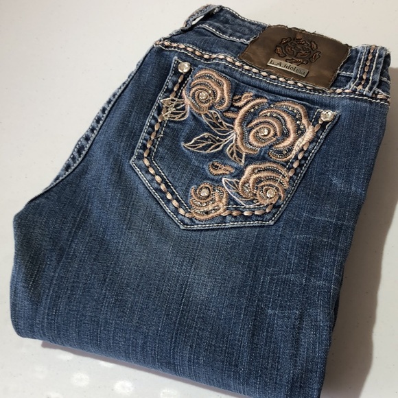 L.A. IDOL PREMIUM DENIM JEANS BOOTCUT 31x33 CRYSTALS & BRONZE STITCH 💎